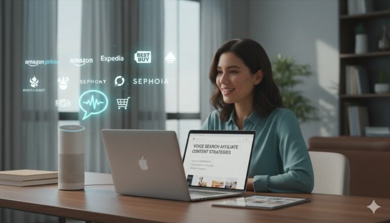 Woman using voice search with smart speaker & laptop for affiliate content.